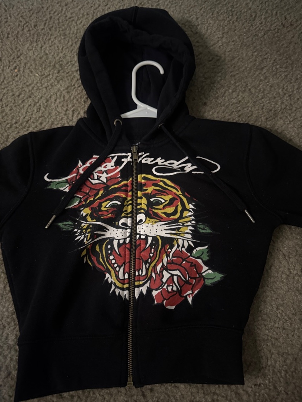 Ed Hardy Black Zip Hoodie with Tiger & Rose Graphic